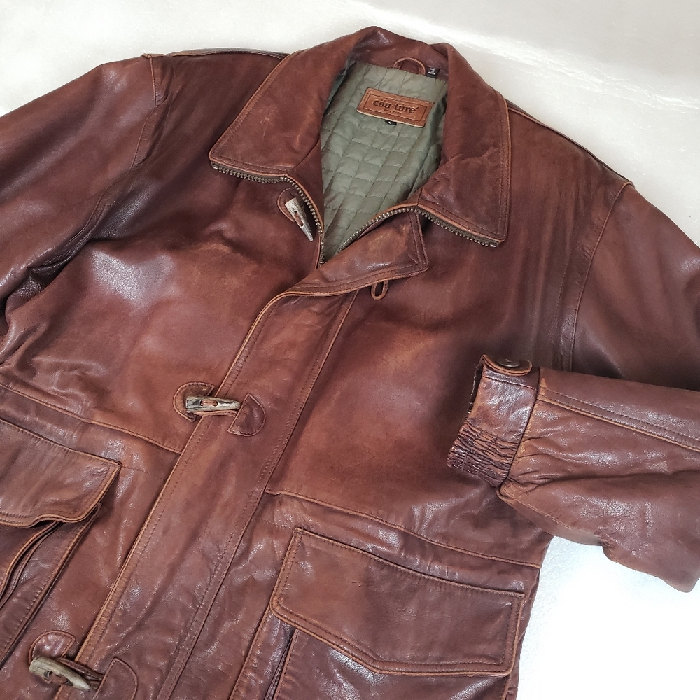 VTG Couture By J Park Leather Coat Mens Large Brown Lined Full Zip Toggle Jacket